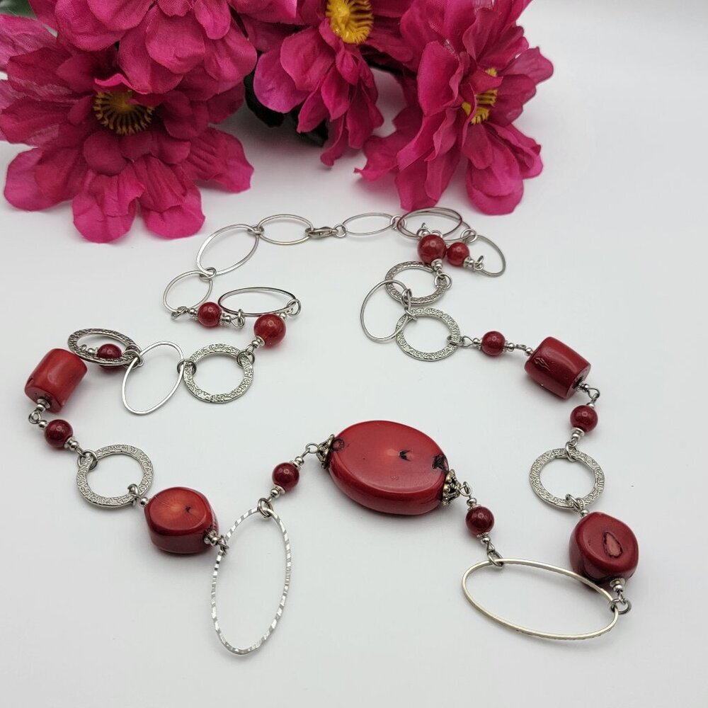 Red Tagua Nut Station Necklace 33" Silver Tone Oval Link Long Chain Flapper